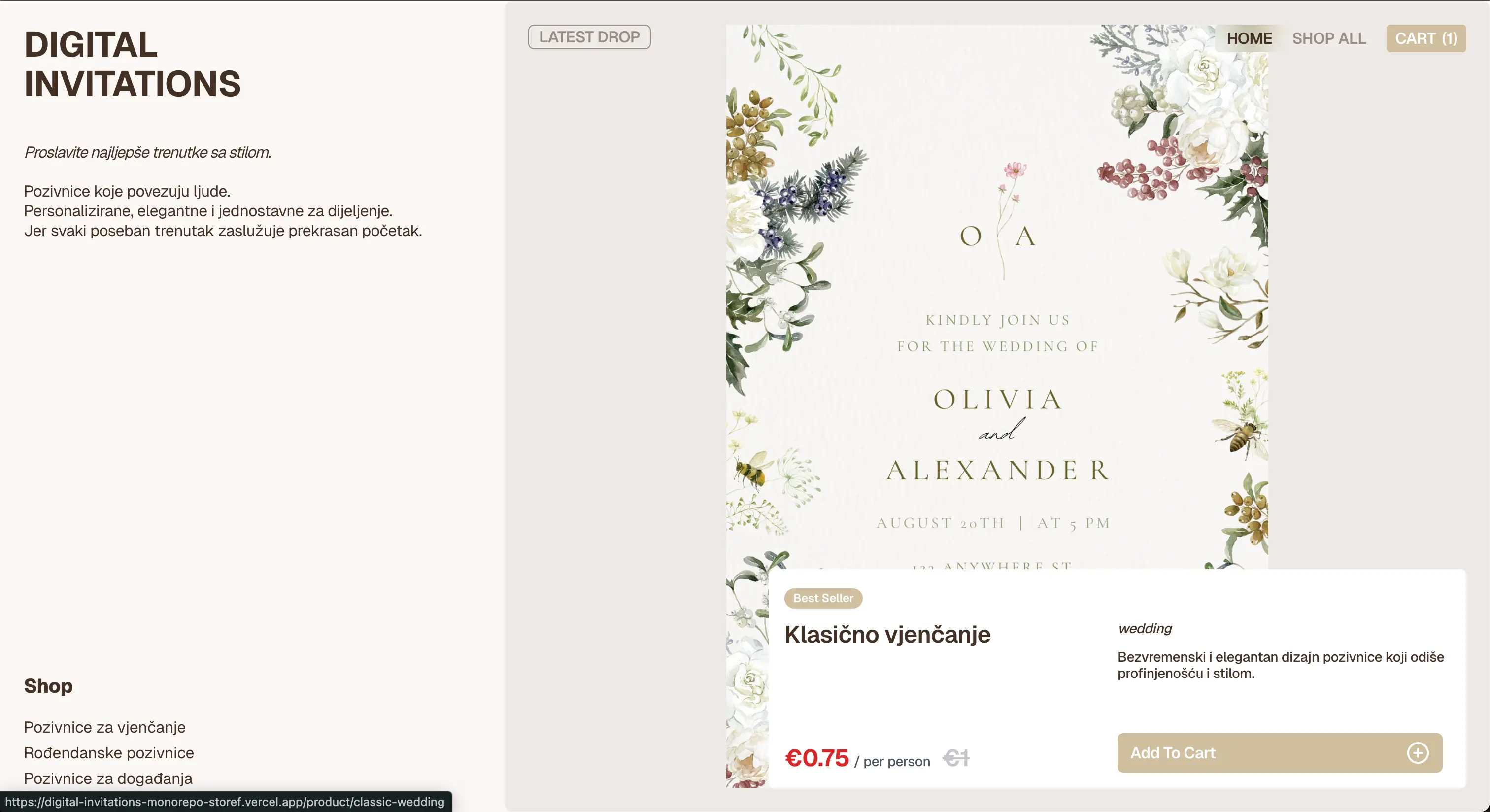 Digital Invitations — Storefront + Admin (Full-Stack)